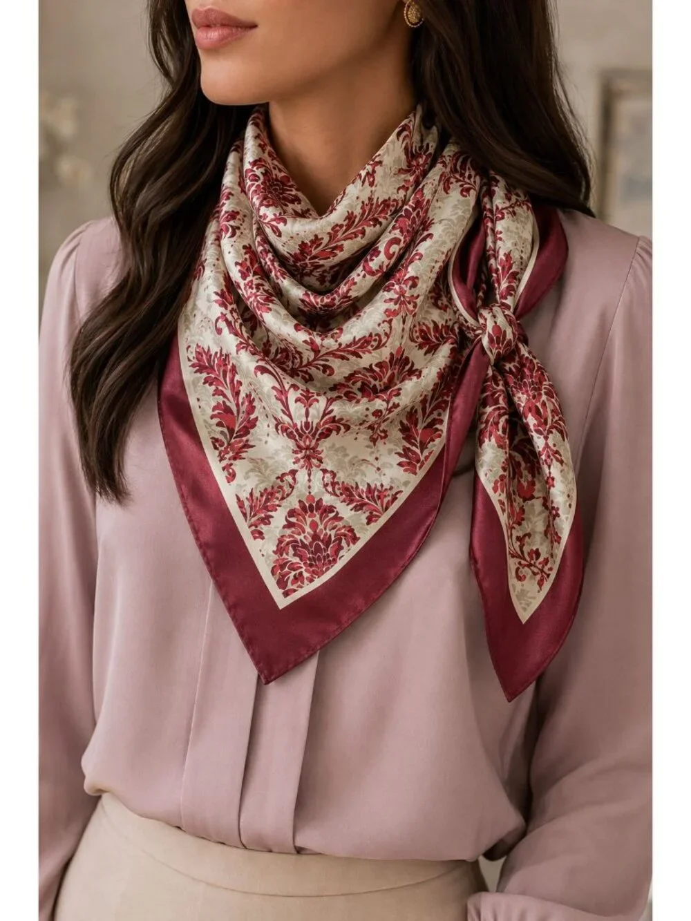 Burgundy Cream Damask Wild Rag Scarf 35x35 Satin Polyester Western